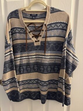 Chaps Beige and Navy Blue Lace-Up V-Neck Sweater